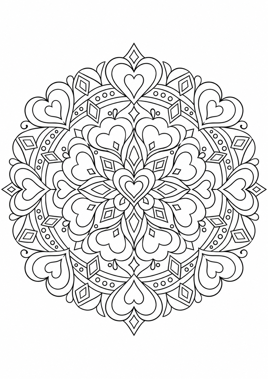 Mandala cœurs en pointe : dessin en noir et blanc à colorier