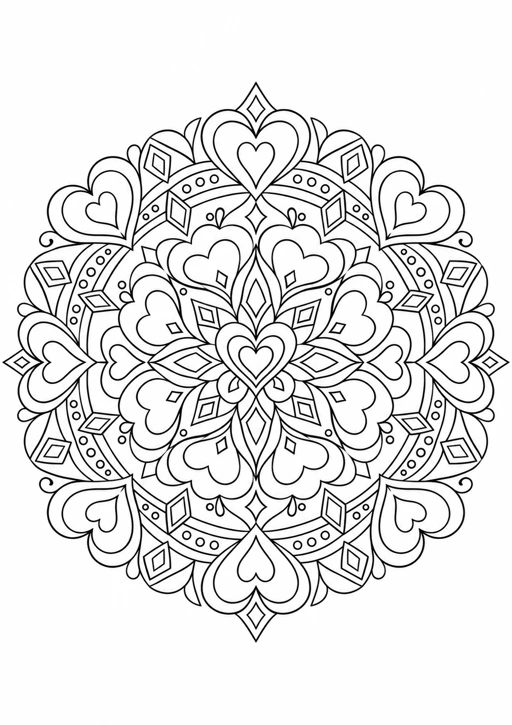 Mandala cœurs en pointe : dessin en noir et blanc à colorier