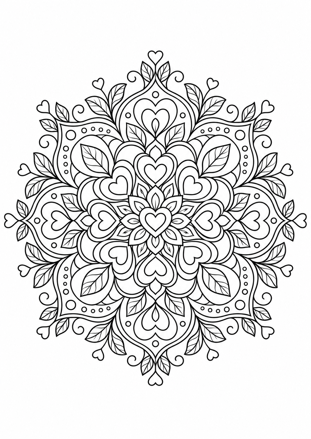 Mandala cœurs et feuilles : dessin en noir et blanc à colorier
