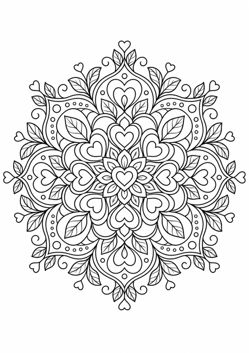 Mandala cœurs et feuilles : dessin en noir et blanc à colorier