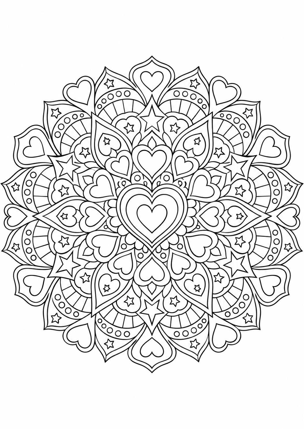 Mandala cœurs et étoiles : dessin en noir et blanc à colorier