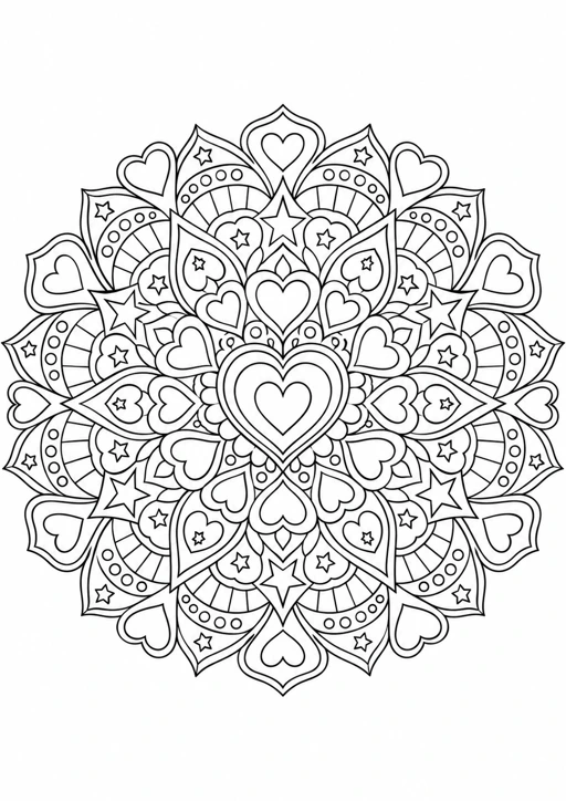Mandala cœurs et étoiles : dessin en noir et blanc à colorier