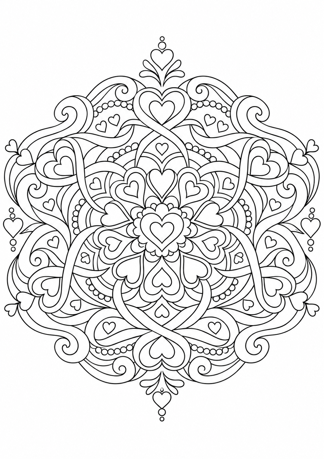 Mandala cœurs et rubans : dessin en noir et blanc à colorier