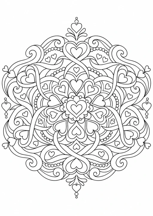 Mandala cœurs et rubans : dessin en noir et blanc à colorier