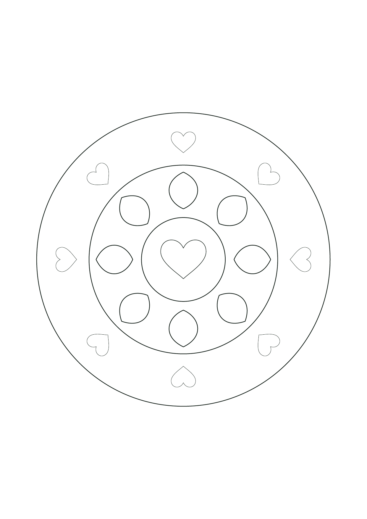 Mandala ronde de cœurs : feuille à colorier en noir et blanc