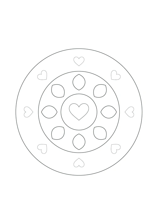 Mandala ronde de cœurs : feuille à colorier en noir et blanc