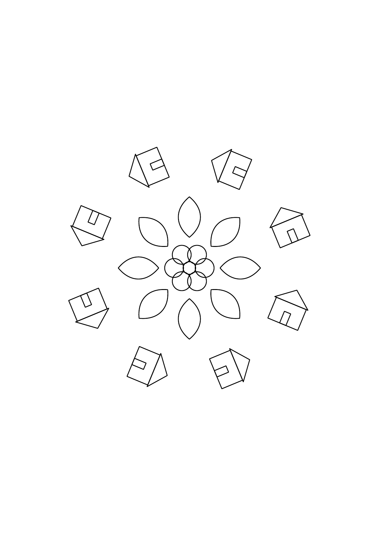 Mandala maisonnettes : dessin en noir et blanc à colorier