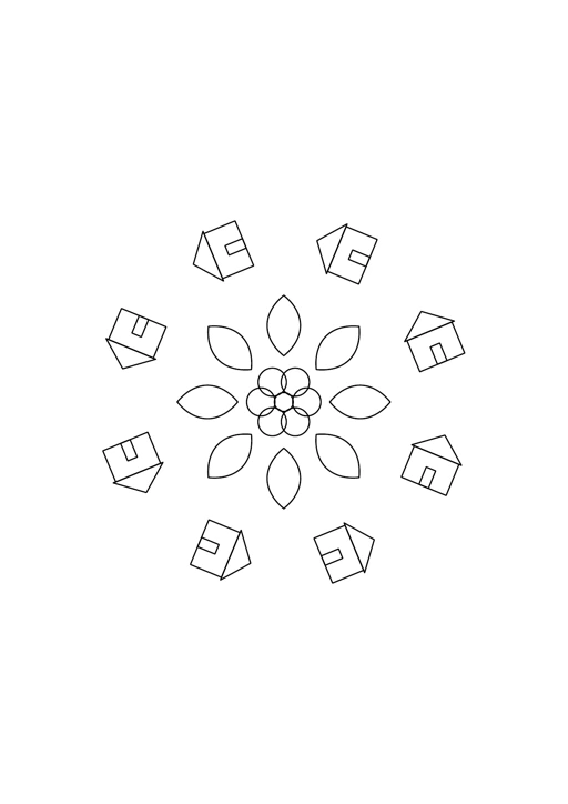 Mandala maisonnettes : dessin en noir et blanc à colorier