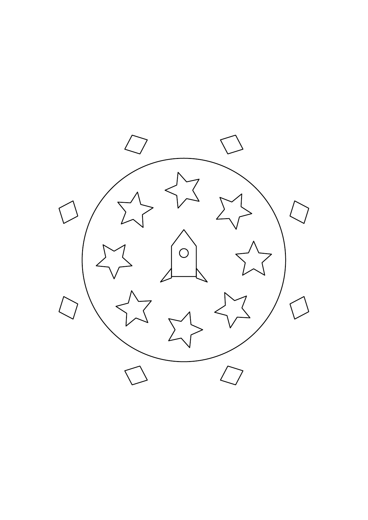 Mandala petites fusées : dessin en noir et blanc à colorier