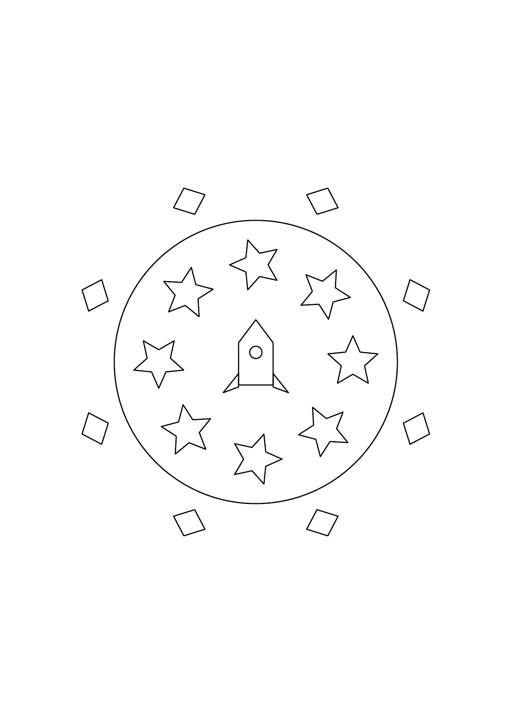 Mandala petites fusées : dessin en noir et blanc à colorier