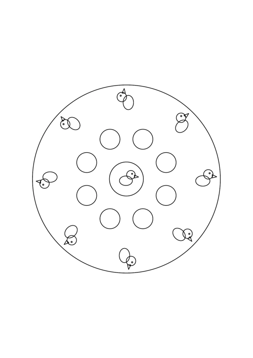 Mandala petits canards : dessin en noir et blanc à colorier
