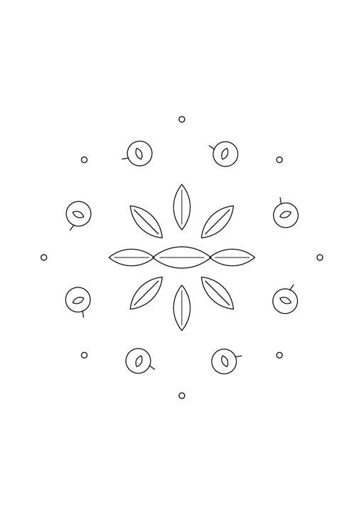 Mandala pommes rondes : dessin en noir et blanc à colorier