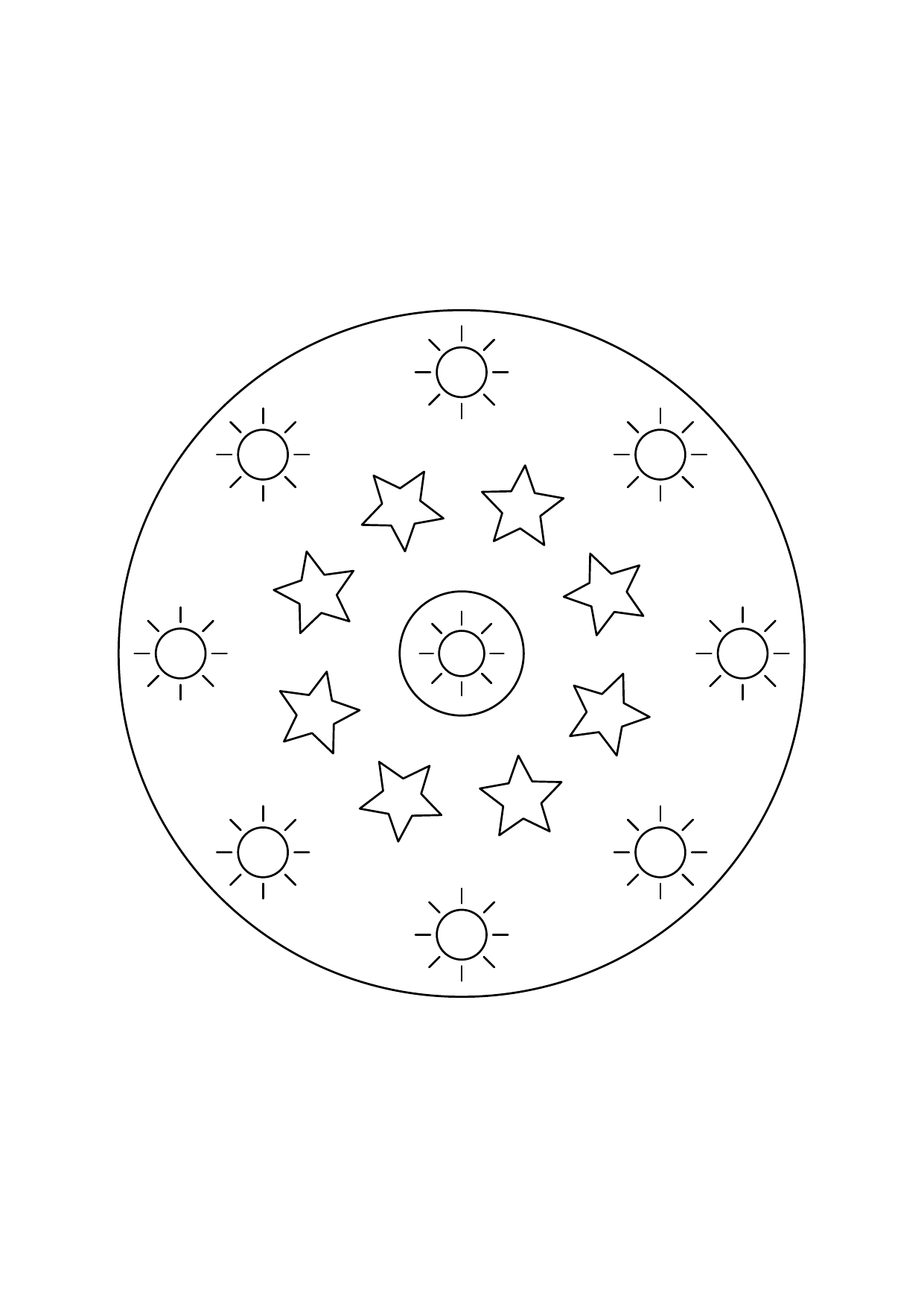 Mandala soleils multiples : dessin en noir et blanc à colorier