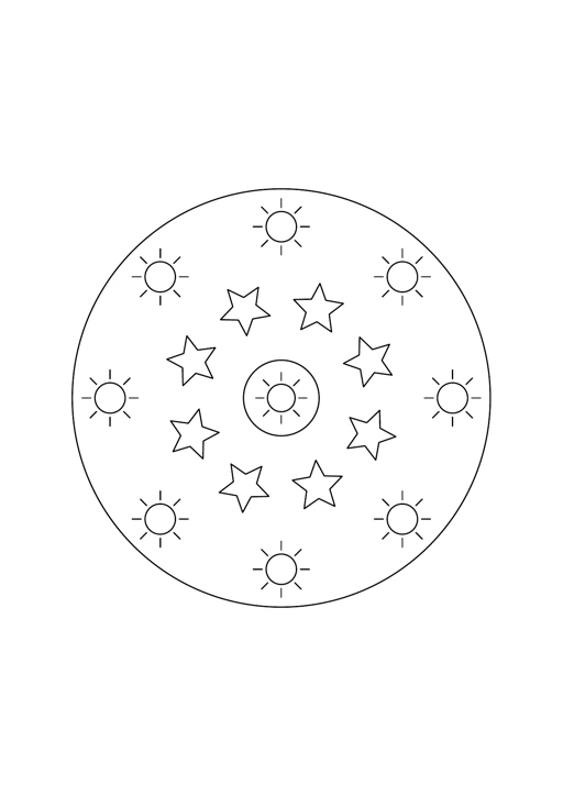 Mandala soleils multiples : dessin en noir et blanc à colorier