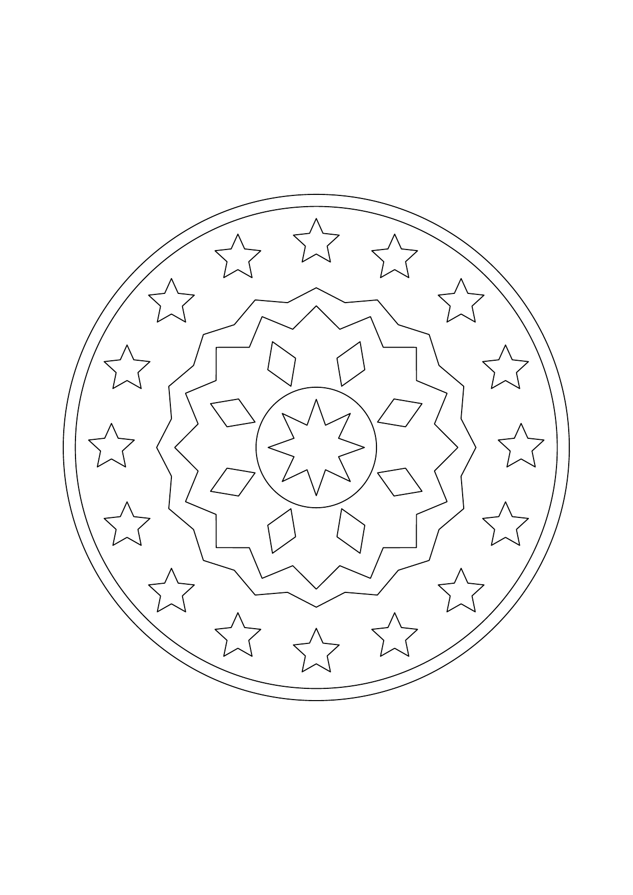 Mandala géométrique avec une étoile centrale, des couronnes anguleuses et de petites étoiles.