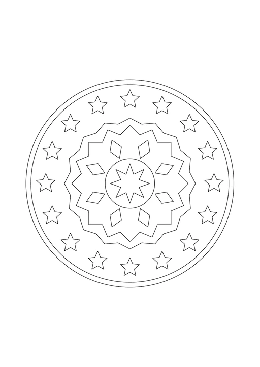 Mandala géométrique avec une étoile centrale, des couronnes anguleuses et de petites étoiles.