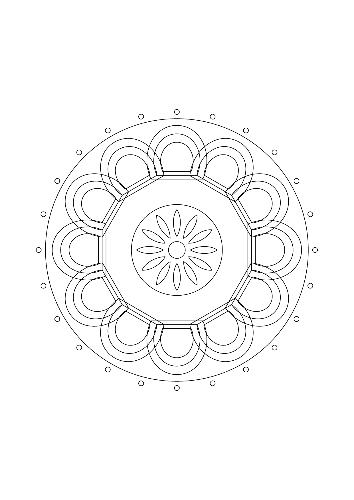 Mandala détaillé avec une rosace centrale et une couronne d’éventails à bandes courbes.