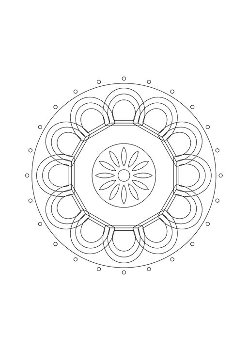 Mandala détaillé avec une rosace centrale et une couronne d’éventails à bandes courbes.
