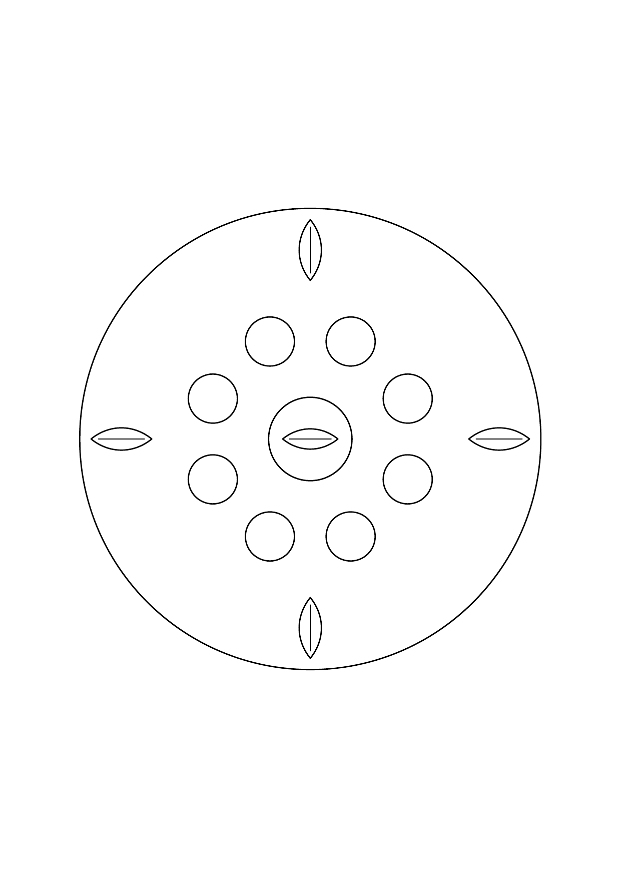 Mandala quatre grandes feuilles : dessin en noir et blanc à colorier