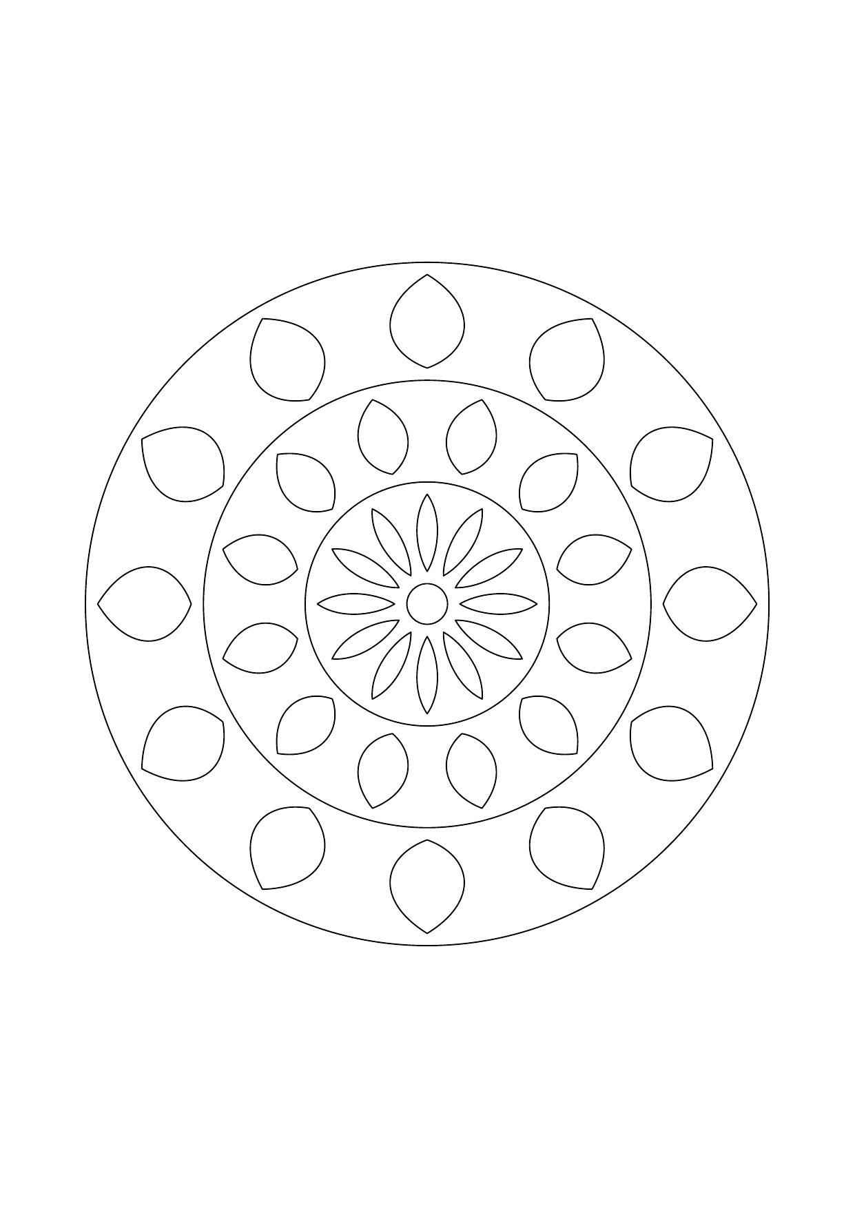 Mandala floral à plusieurs couronnes de pétales réguliers, dessin vectoriel en noir et blanc.