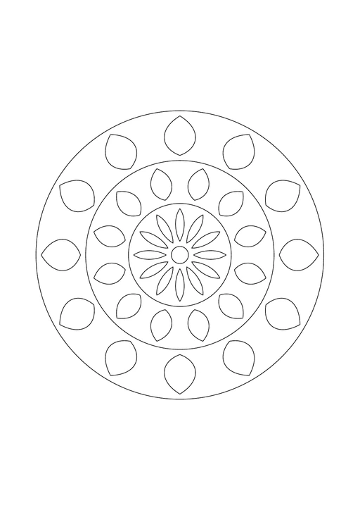 Mandala floral à plusieurs couronnes de pétales réguliers, dessin vectoriel en noir et blanc.