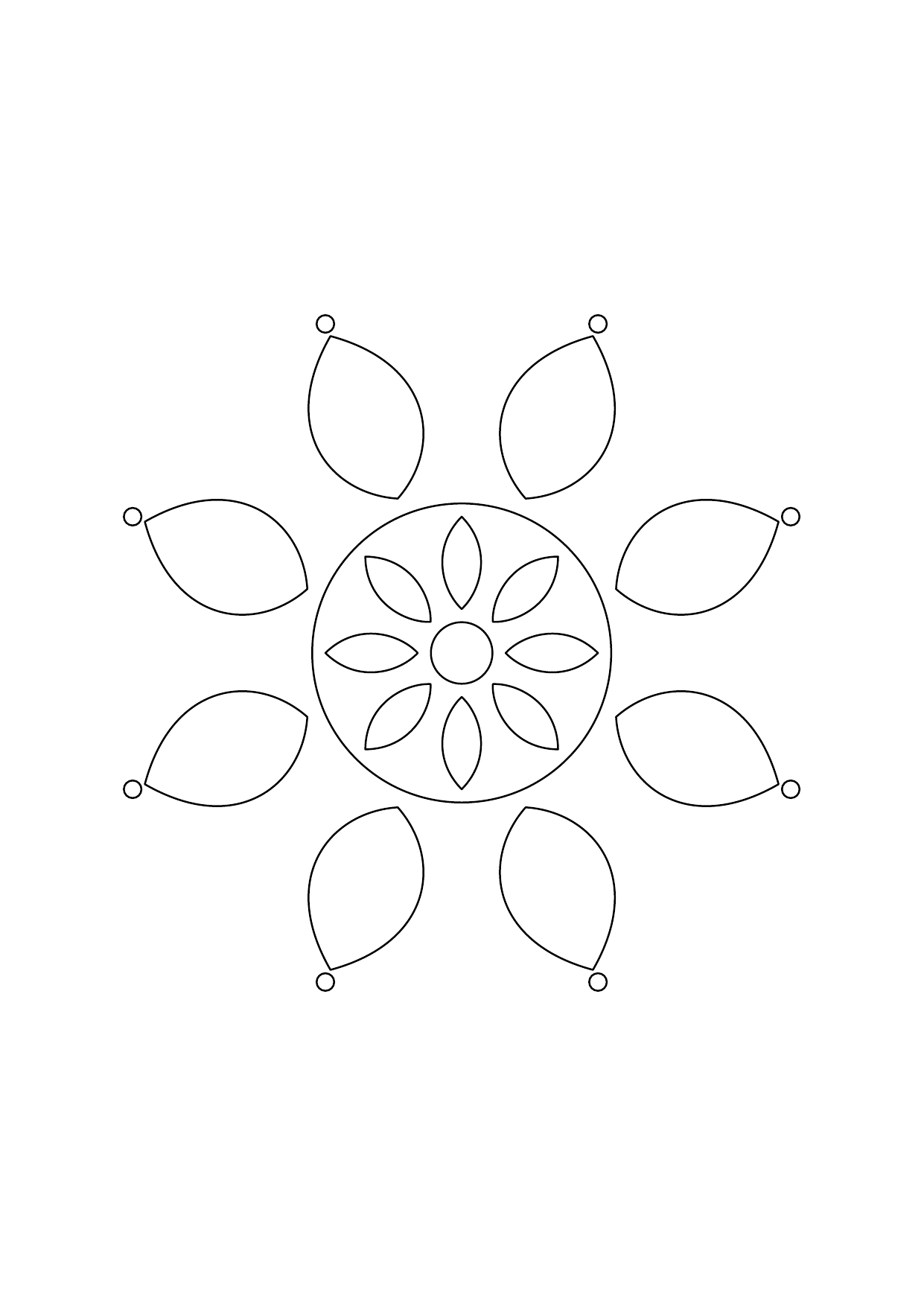 Mandala fleur avec une corolle centrale et huit grands pétales répartis autour.