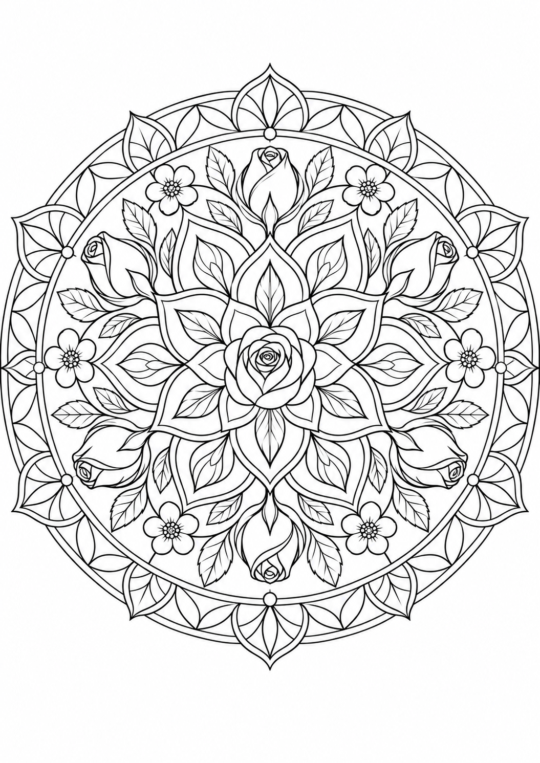 Mandala boutons de rose : dessin en noir et blanc à colorier