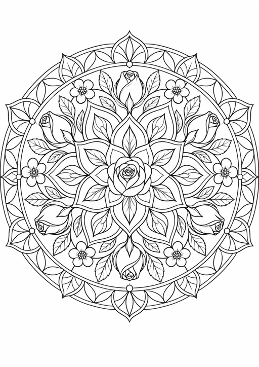 Mandala boutons de rose : dessin en noir et blanc à colorier
