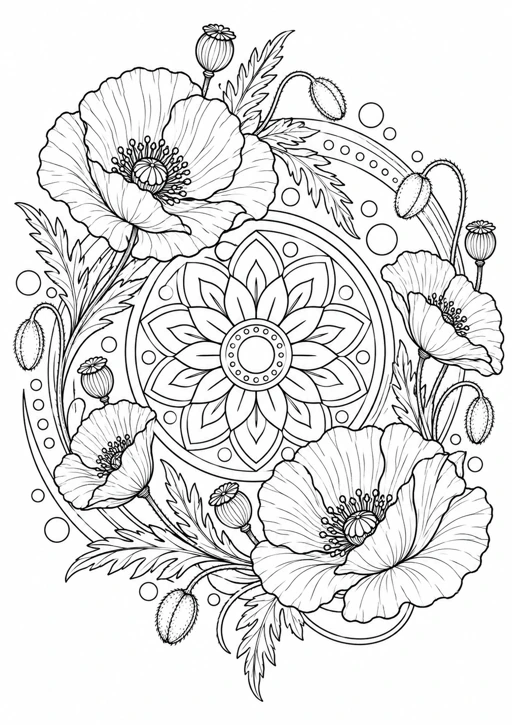 Mandala coquelicots : dessin en noir et blanc à colorier