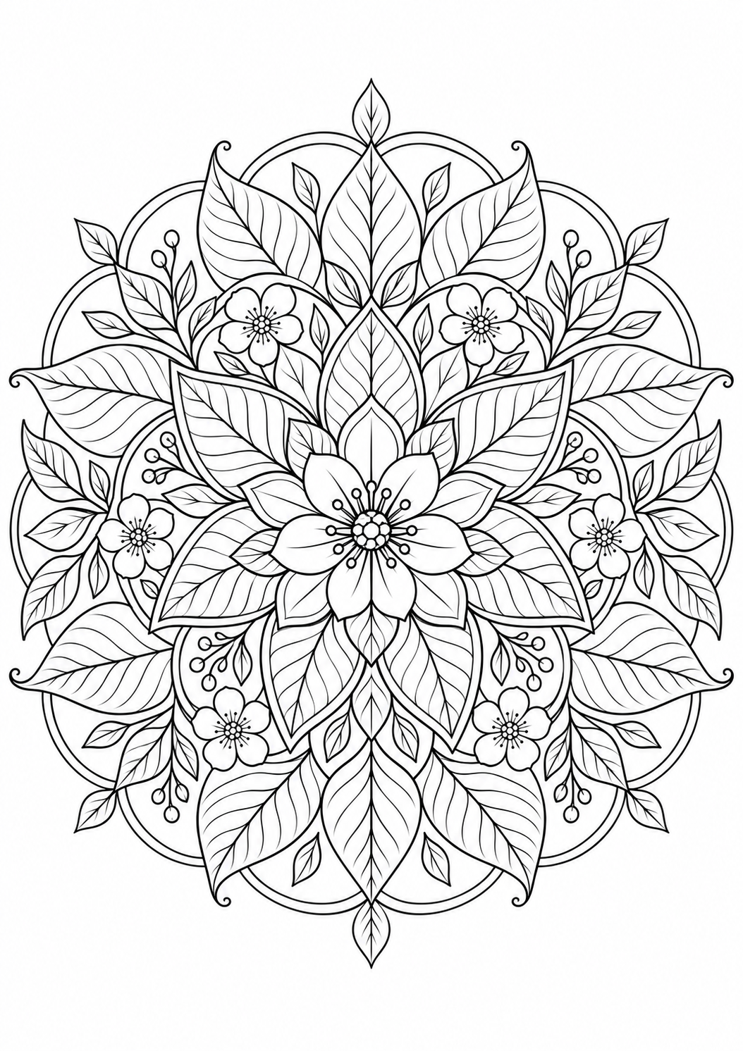Mandala feuilles et fleurs : dessin en noir et blanc à colorier