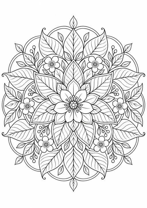 Mandala feuilles et fleurs : dessin en noir et blanc à colorier
