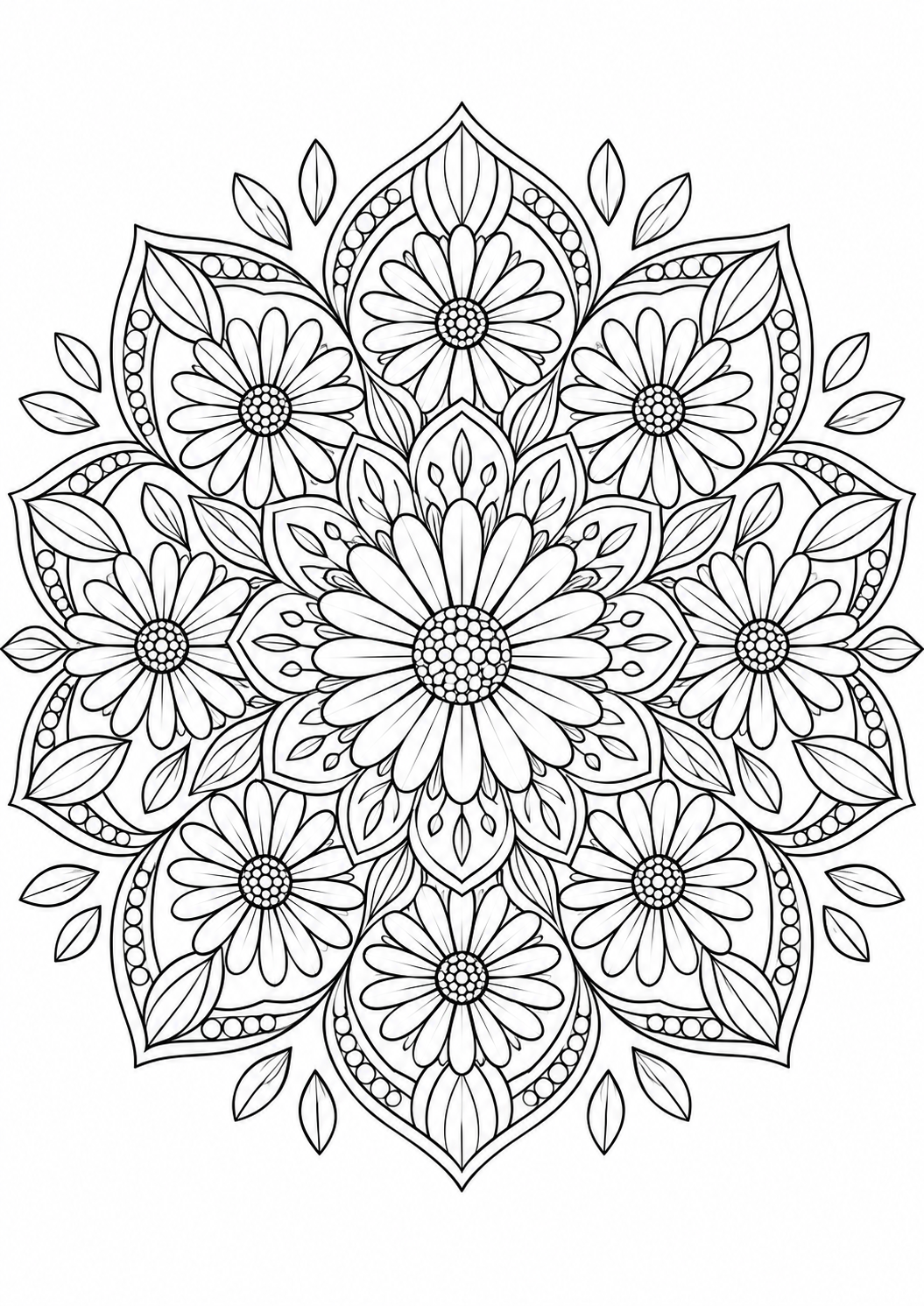 Mandala marguerites : dessin en noir et blanc à colorier