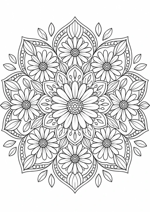 Mandala marguerites : dessin en noir et blanc à colorier