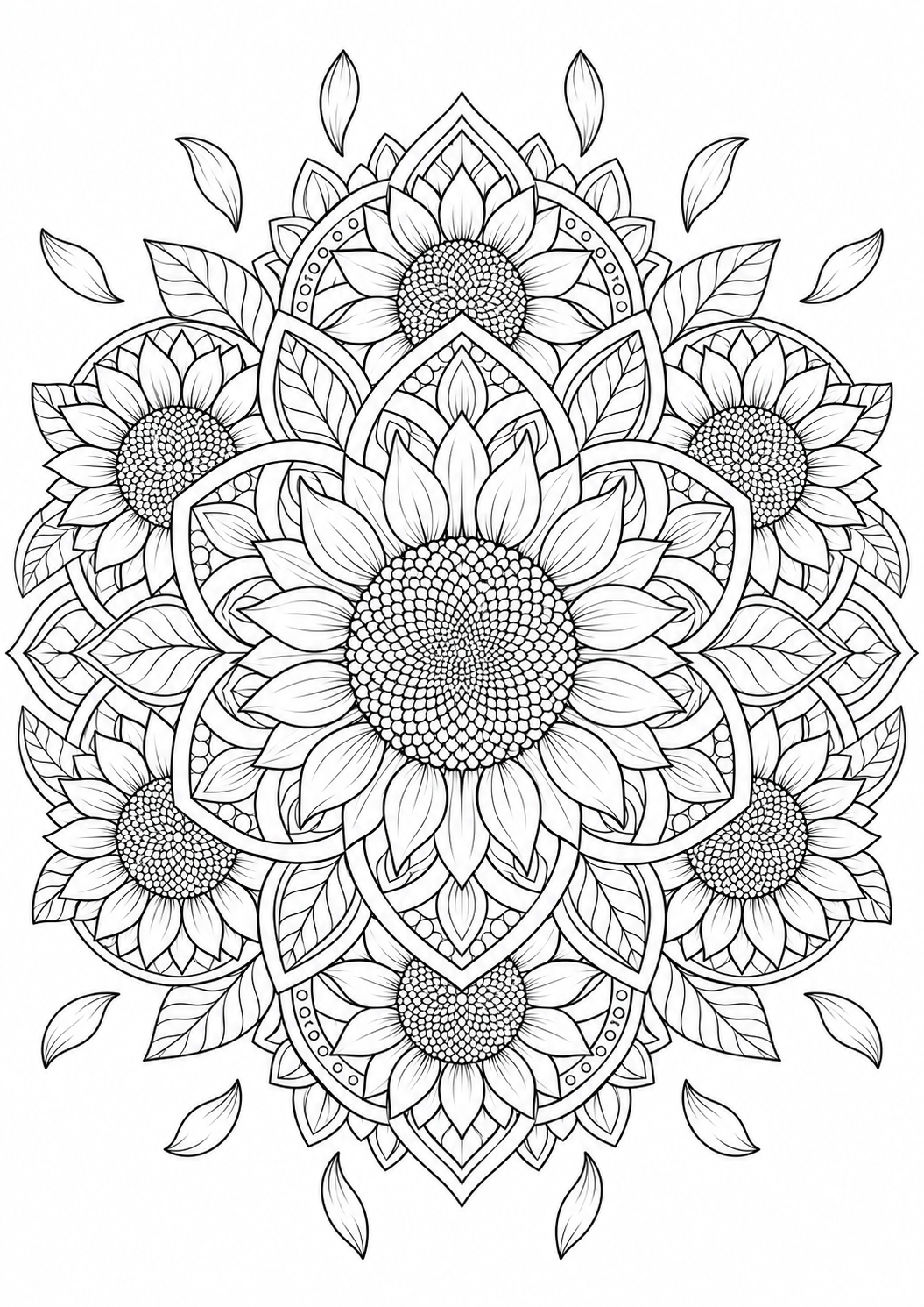Mandala tournesols : dessin en noir et blanc à colorier