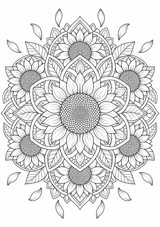 Mandala tournesols : dessin en noir et blanc à colorier