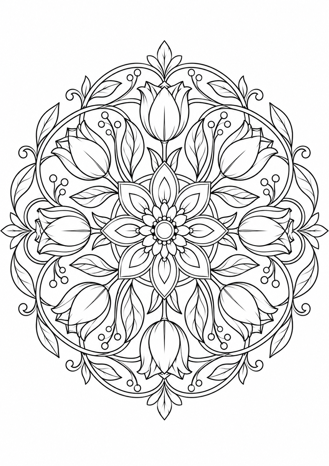 Mandala tulipes : dessin en noir et blanc à colorier