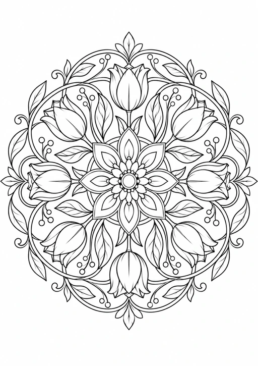 Mandala tulipes : dessin en noir et blanc à colorier
