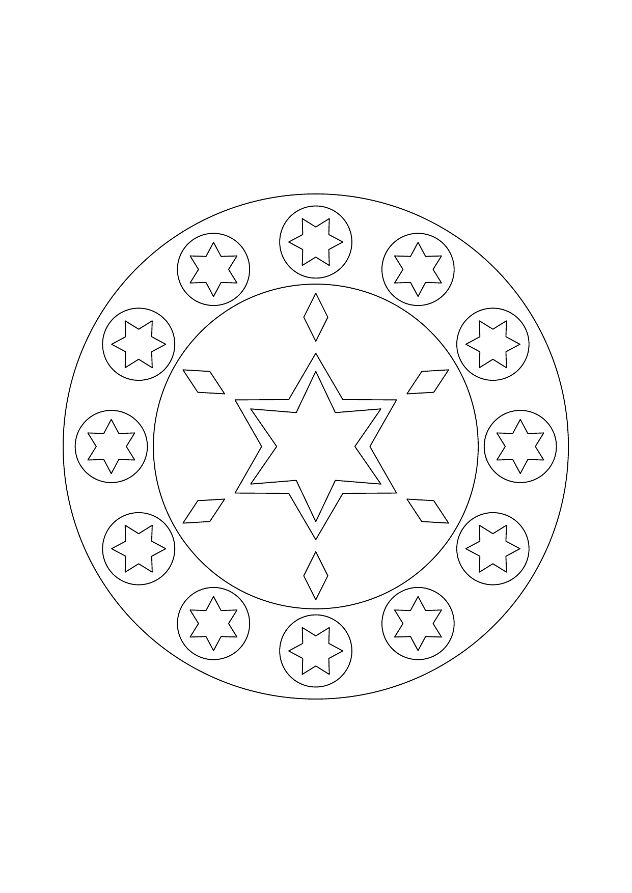 Mandala d’hiver avec une étoile centrale, des losanges et des petites étoiles à six branches.