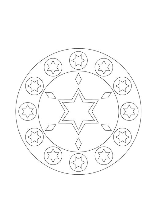 Mandala d’hiver avec une étoile centrale, des losanges et des petites étoiles à six branches.