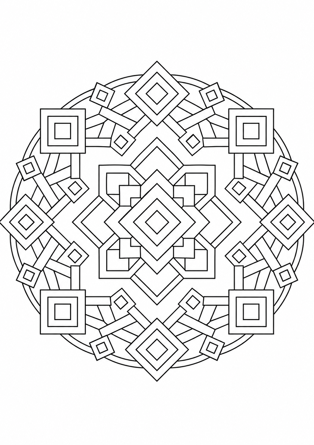 Mandala carrés décalés : dessin en noir et blanc à colorier