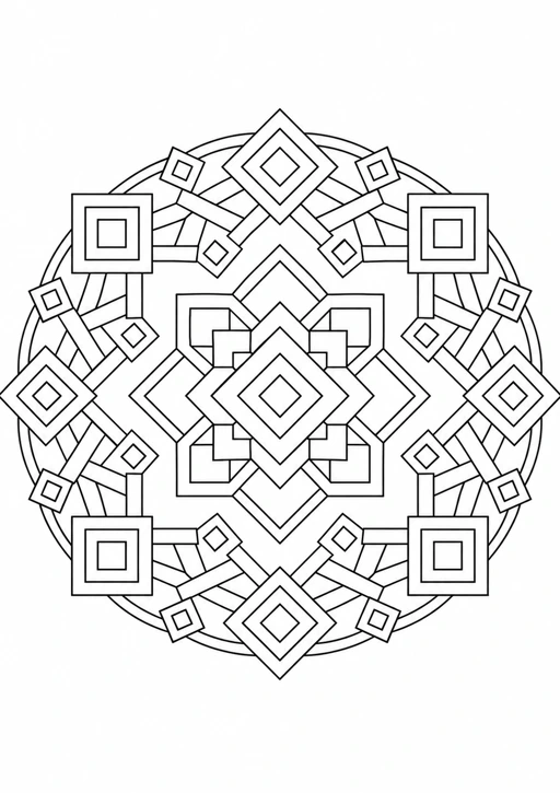 Mandala carrés décalés : dessin en noir et blanc à colorier