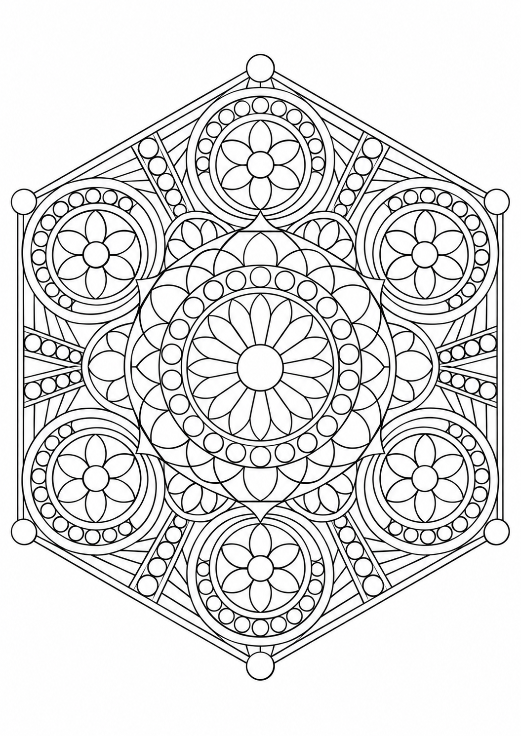 Mandala cercles tangents : dessin en noir et blanc à colorier