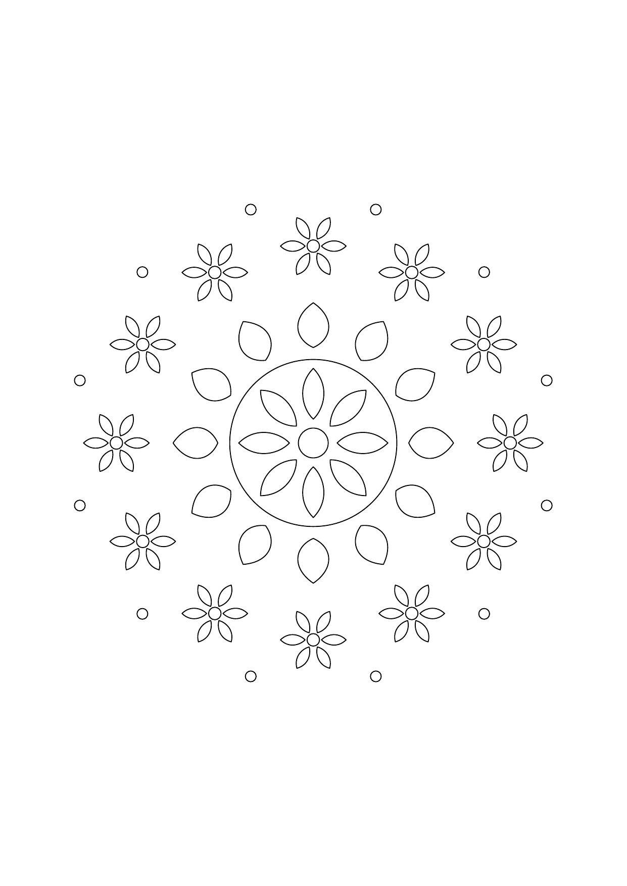 Mandala jardin avec une fleur centrale et une couronne de petites fleurs régulières.