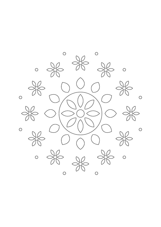 Mandala jardin avec une fleur centrale et une couronne de petites fleurs régulières.