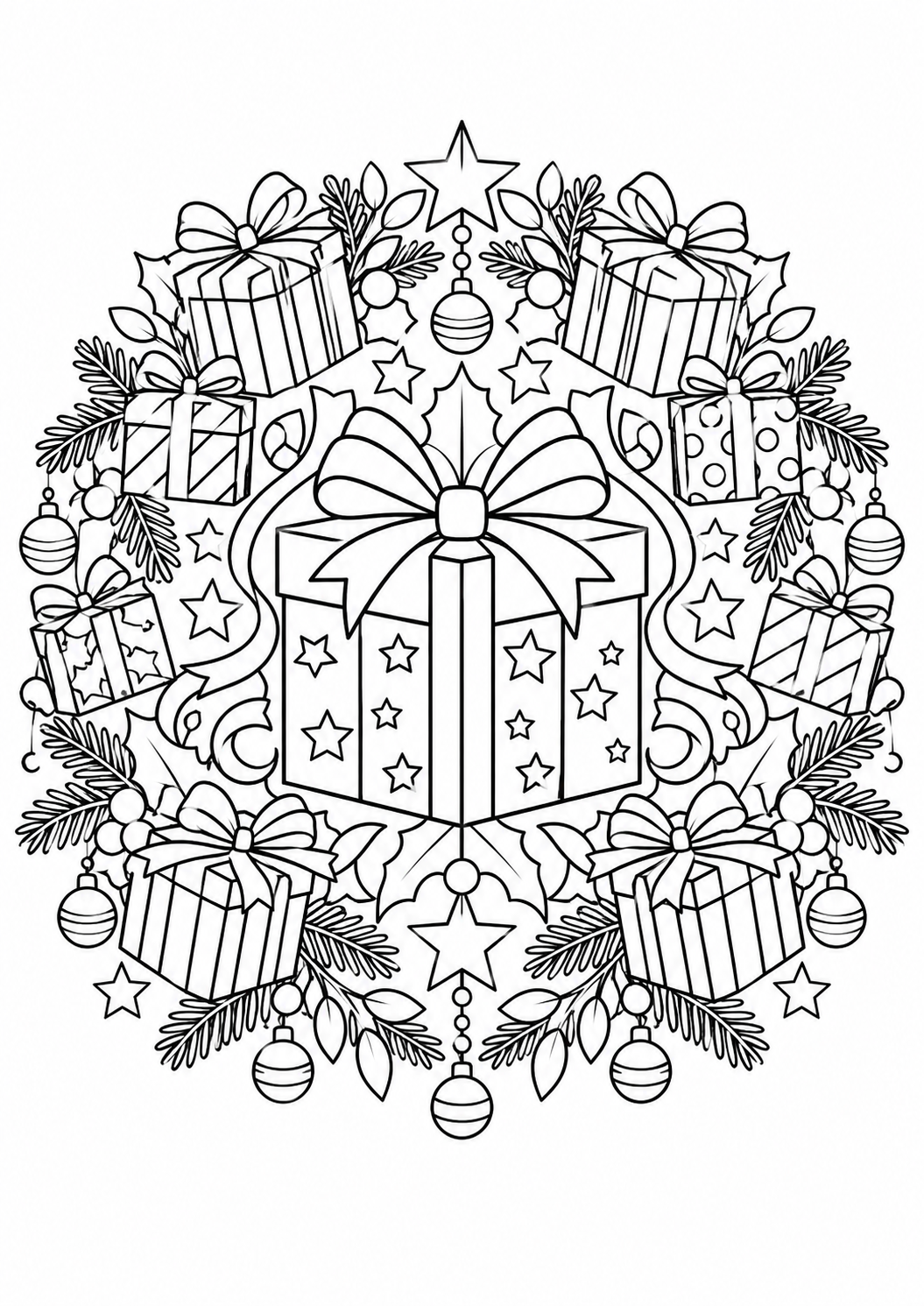 Mandala cadeaux : dessin en noir et blanc à colorier