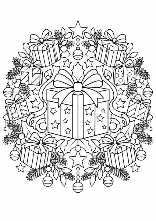 Mandala cadeaux : dessin en noir et blanc à colorier
