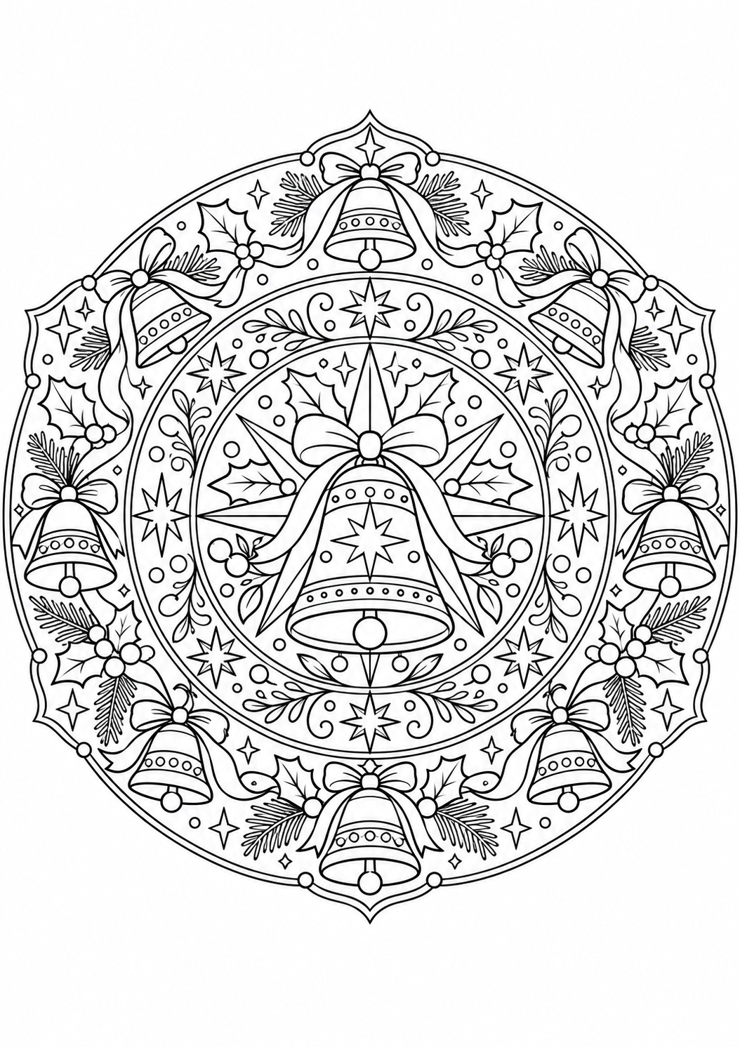 Mandala cloches de noël : dessin en noir et blanc à colorier