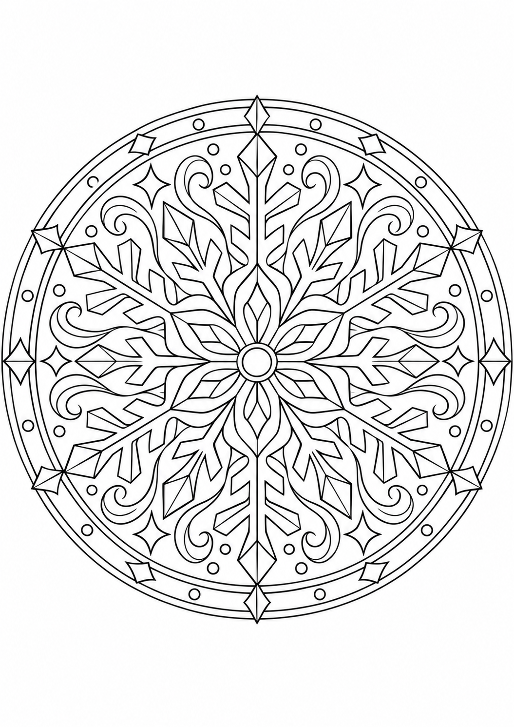 Mandala flocons larges : dessin en noir et blanc à colorier