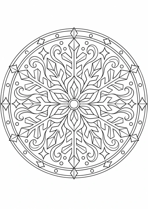 Mandala flocons larges : dessin en noir et blanc à colorier