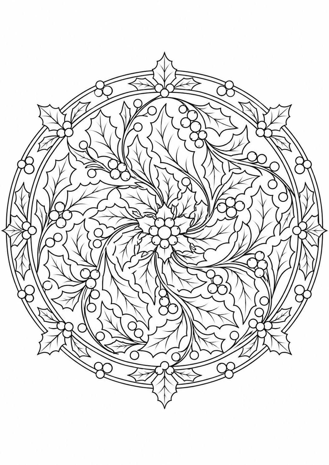 Mandala houx et baies : dessin en noir et blanc à colorier